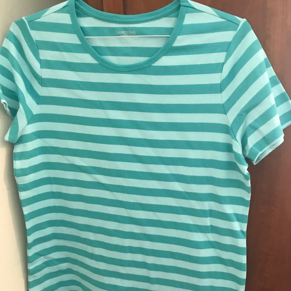 Teal striped Lands End t-shirt. New. Size L
